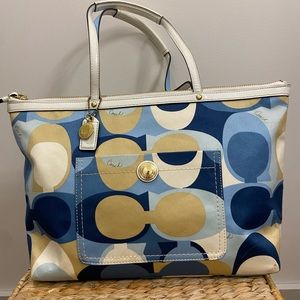 Coach “C” logo pattern shoulder bag in light blue, tan and white